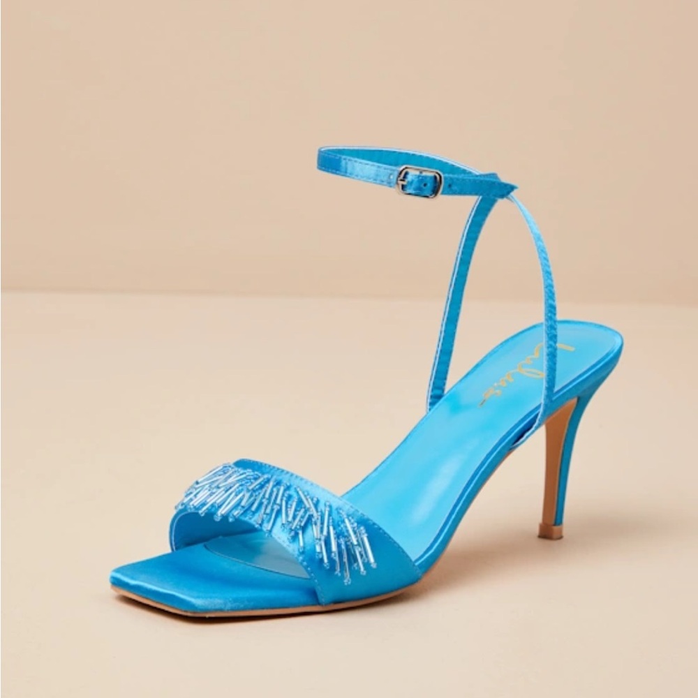 Lulus Addia Turquoise Satin Beaded Fringe High Heel Sandals